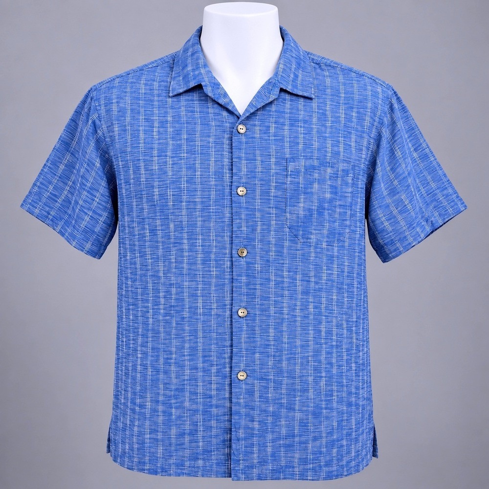 Tommy Bahama Button Down Shirt Mens XL Blue Silk Plaid Camp Pocket Excellent